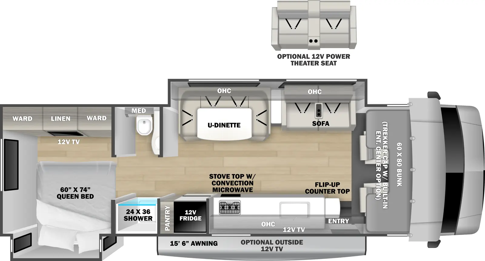 The 3011DS has 2 slide outs, 1 on the off-door side and 1 on the door side. Exterior features include a 15 ft. 6 in. awning and optional 12V TV. Interior layout from front to back includes a front 60 x 80 cab over bunk with 12V TV (optional Trekker cab with built-in entertainment center in place of bunk); off-door side slide out holding a U-Dinette, overhead cabinet, and sofa (optional 12V power theater seat in place of sofa); door side kitchen with pantry, 12V refrigerator, stovetop with convection microwave, overhead cabinet, sink, 12V TV and flip-up countertop extension; walk-through bathroom with 24 x 36 shower, toilet, medicine cabinet and vanity; rear bedroom with a 60 x 74 Queen bed in a door side slide out; and wardrobes, linen storage and a 12V TV across from the foot of the bed.